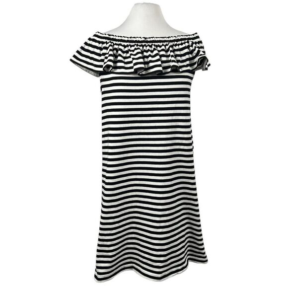KATE Spade Broome Street Ruffle Topline On/Off The Shoulder Striped Shift Dress - Picture 2 of 7